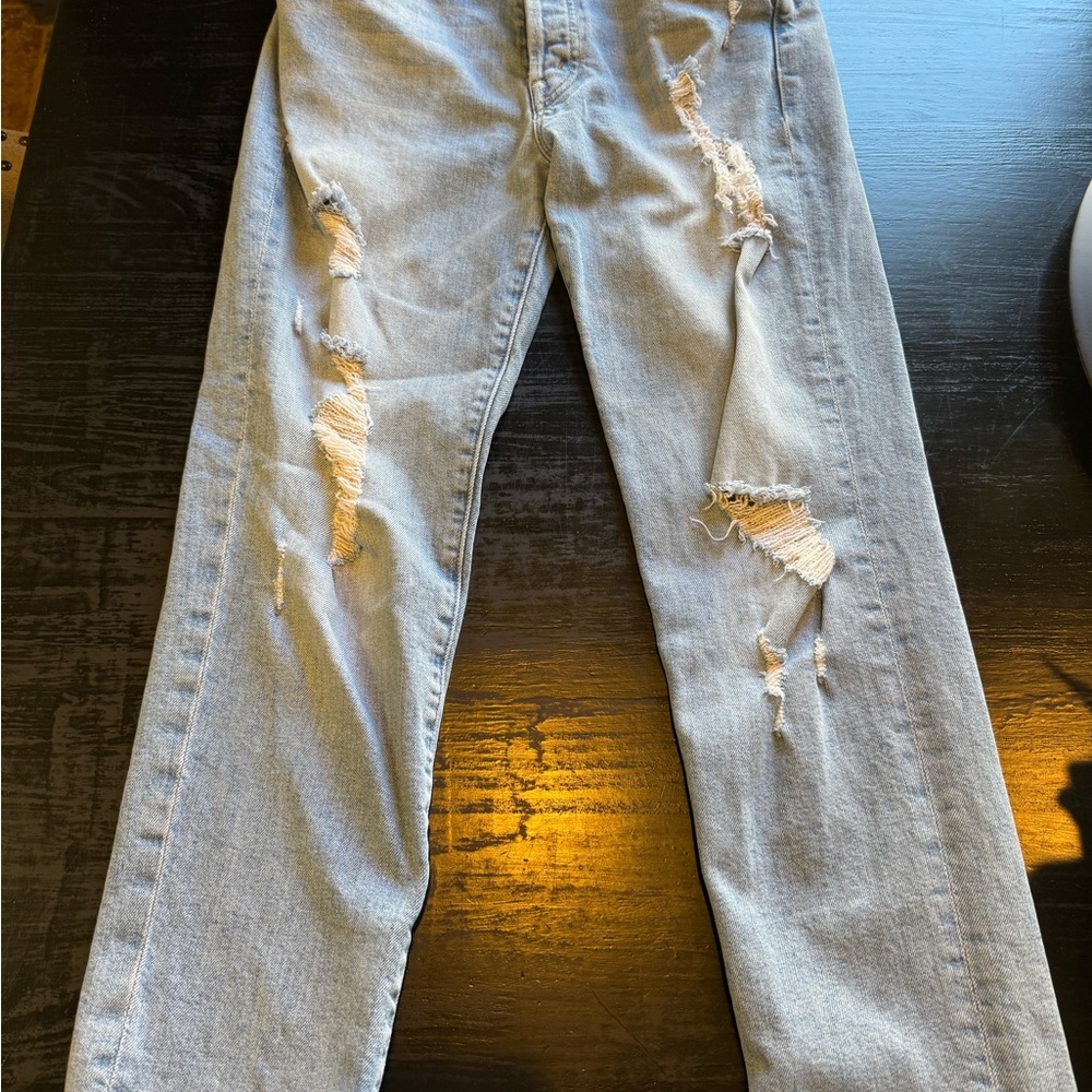 MOTHER The Trickster Ankle- Light Blue Distressed Ankle Jeans